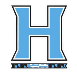 Large sky blue "H" with a banner underneath using the pattern of the Flag of Maryland but in blue, black, and white