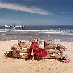 Hwasa in a red dress on a couch on a beach with "Good Goodbye" in a cursive white font