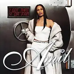 An image of a woman wearing a white top, jeans, and fur jacket poses in front of a bank vault. The rapper's name (Amil) and the songs' names ("I Got That" and "4 da Fam") are shown in the image.
