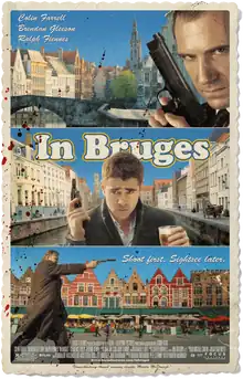 Poster in the style of a picture postcard. There are three panels, each with a different character and a different picture of Bruges