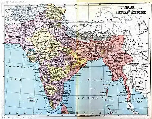 The British Raj in 1893 after the annexation of Upper Burma and incorporation of Baluchistan