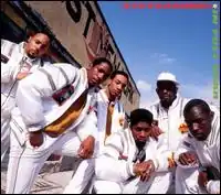 The group is featured wearing white jackets and pants. Both the group's name and album title appear on the top-right corner, colored in red and green respectively.