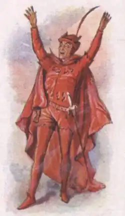 Painting of a man dressed up as the Devil in red outfit gleefully smiling and holding hands aloft