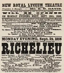 Poster advertising the opening, on September 29, 1856, of the new Royal Lyceum Theatre and a new production of Richelieu with Henry Irving in the cast