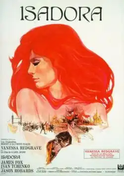 Illustrated theatrical release poster with a woman with flowing red and purple hair in profile above a scene of dancers, crowds, and a couple kissing in the foreground.
