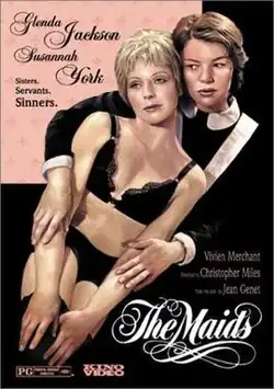 Illustrated movie poster with two women, one dressed as a maid holding another woman in black lingerie, against a pink and black background