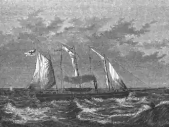 A small ship with three masts sails in choppy water