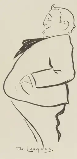 caricature of a large white man of middle age, with a prominent paunch. He is smiling benevolently