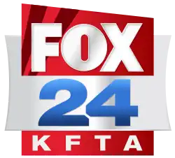 In a red box with an angled top, the Fox network logo, with two sublimated darker stripes resembling a pair of searchlights. Sitting beneath that, in a silver rectangle with concave sides, is a blue numeral 24 in a bold, wide sans serif. Beneath in a red box are the white letters K F T A.