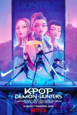 On a platform, the members of Huntrix (from left to right: Mira, Rumi, and Zoey) stand on a stage, dressed as demon hunters and holding combat weapons. A large digital banner appears behind them, showing them in their normal outfits promoting the band's world tour. Under the platform they stand on, demons are held back by the Honmoon. The skyline of Seoul, including the N Seoul Tower, is seen in the background.