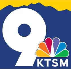On a blue, mountain-shaped background with a yellow sky backdrop, a white 9, an NBC peacock, and the letters KTSM beneath