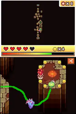The top screen depicts the map, as well as various user interface elements, such as a health bar (five total hearts with one heart empty), coin counter, and a multi-colored meter. On the lower screen is an isolated platform that the kappa protagonist is on. The kappa is following a line drawn by the player, and on this line is a disembodied hand.