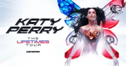 Perry with butterfly wings standing next to her name and the tour's title
