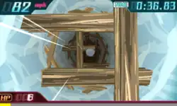 This screenshot shows a stone falling down a well and maneuvering around wooden planks. The game's interface displays the speed in miles per hour, a timer, and the player's health at six out of one hundred health points.