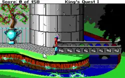 Pixelated game screen showing a character on front of a castle