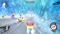 This screenshot shows the player character Kirby riding the Warp Star in the Air Ride mode, racing through a parted sea against multiple opponents. The game's interface displays the time, lap counter, minimap, placement, Special Gauge, and speedometer in kilometers per hour.