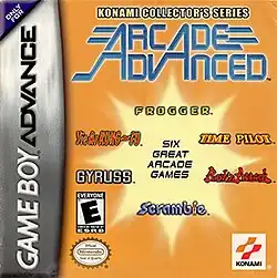 The "Konami Collector's Series: Arcade Advanced" logo appears in the top third of the cover. In the foreground are size differently styled text logos. Clockwise from the top are "Frogger", "Time Pilot", "Rush'n Attack", "Scramble", "Gyruss", and "Yie Ar Kung Fu". The bright orange background has a bright eight point star in the middle.