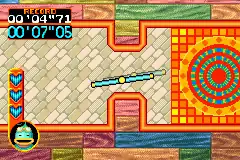 This screenshot shows the Helirin flying through a straight tutorial stage, with a ghost outline of the Helirin indicating the previous record time. The game's interface displays the player's time, the record time, and Kururin with all three of his hearts remaining.