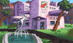Game screenshot showing fountain with nude dancer statue in front of pink building labeled "Porn Prod Corp" with Hollywood sign in background