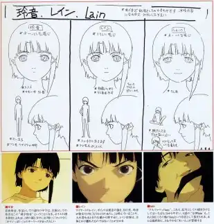 A series of drawings depicting the different personalities of Lain—the first shows shy body language, the second shows bolder body language, and the third grins in an unhinged fashion.