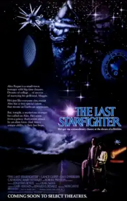 Two teenagers, male and female, stand on the road near a trailer park, and look up at the night sky. Above them is a view of space, which includes shining stars, two spacecrafts, a planet with a grid surrounding it, and the superimposed profile of a scaly alien.