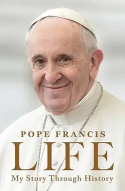 A simple image of Pope Francis smiling with the title in brown serif font