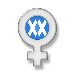 The logo shows white letters "XX" on a blue background, within Linnaeus' female symbol.