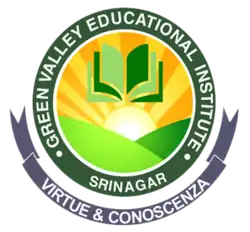 Logo of Green Valley Educational Institute. The design features a green circular emblem with the name "Green Valley Educational Institute" written around the outer edge. In the center, there are symbols representing knowledge and growth, such as an open book and a rising sun. Below the emblem is the school’s motto: "Virtue & Conoscenza", which signifies the pursuit of moral excellence and conscious wisdom.