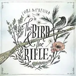 color drawing of bird sitting on rifle barrel amidst plant cuttings