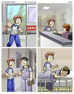 A four panel comic strip named "Loss" which divides the panels through a cross shape. First panel: A man with brunette hair and a short-sleeved T-shirt enters a hospital in a shocked face. Second panel: The man is near the counter. Behind the counter, a woman is pointing her finger somewhere. Third panel: The man is with another man who is a doctor in the hallway. Fourth panel: The man found another woman, who is his fiancee, in her hospital room. The woman is crying in the bed.