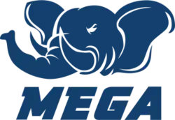 A stylized blue elephant head over blue italicized text reading "MEGA".