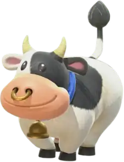 3D model of a cow in a cartoon style. She is white with black spots and wears a bell and golden nose ring.