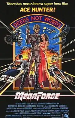 Illustrated movie poster with a man in a silver suit holding a gun and embracing a woman in a red dress, surrounded by an action-packed scene of futuristic vehicles, explosions, and aircraft