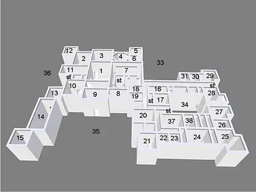 Mentmore, the ground floor; many of the rooms named for the collections they once contained. 1:Grand Hall; 2:White Drawing Room; 3:Dining Room; 4:Library; 5:Amber Room; 6:limoges Room; 7:Imperial staircase; 8:Study; 9:Vestibule; 10:Green drawing Room; 11:South Entrance Hall; 12:Blarenberghe Room; 13:du Barry Room; 14:Billiards Room; 15:Smoking Room/Armoury; 33: Italian garden; 34:Servants' courtyard; 35:Cour d'honneur; 36:South Terrace; ST:minor service staircases. For other rooms, please see Servants' quarters
