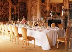 The dining room (3). The boiseries, or elaborately carved wood panels, were from the Hôtel de Villars, Paris, and are the first example of this type of decoration to be used in an English house. The fragments of the boiseries not used at Mentmore were later installed at Waddesdon Manor