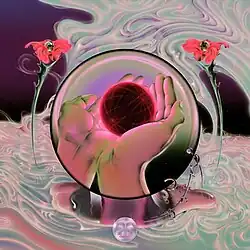 A painting of two hands holding an abstract ball
