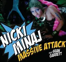 Minaj leaning down in a jungle, donning a head piece and hot pink hair extension.