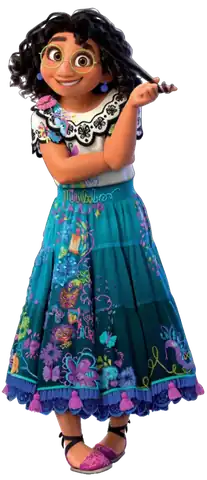 Mirabel wearing a mostly-white blouse and a bluish skirt while smiling awkwardly with a piece of her black hair around her finger