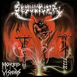 The airbrush-style image shows three white snake-like phantasms emerging from a crack in the ground and winding up the three crucifixes upon which Jesus and the two thieves (sometimes named as Gestas and Dismas) are dying. A large, winged, red demon, possibly Satan, is grasping Jesus while staring ominously at him. The band name "Sepultura" is written at the top in a large stylized whitish font with the "S" and "A" designed to look like scythe blades. In the lower left cover the album title word "MORBID" and "VISIONS" are written stacked upon each other in a majuscule, cut-style wispy white font.