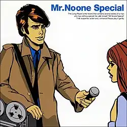 Mr. Noone Special interviewing a woman amidst a solid white background, the name "Mr. Noone Special" is located at the top right in blue, with additional text under it.