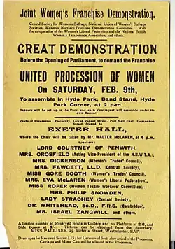 A poster advertising the march, titled "GREAT DEMONSTRATION" "UNITED PROCESSION OF WOMEN on Saturday, Feb. 9th"