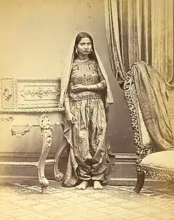 Muslim woman, in Sind, India, in salwar-style pajamas, 1870.