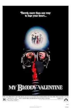 Blending with a black background, a man wears a miners gas mask stained with blood. Imposed on his headlight depicts couples at a Valentine's Day party. the film's tagline reads. "There's more than one way to loose your heart..."
