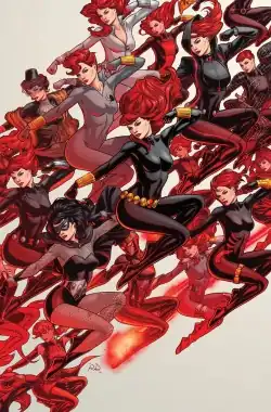 Artwork featuring various incarnations of Black Widow throughout her publication history, showcasing her different costumes and appearances in Marvel Comics.