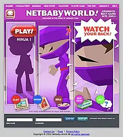Screenshot of purple Netbabyworld homepage with cartoon ninja character panels, large play button, navigation tabs, and login fields