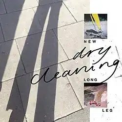 The left side depicts an elongated shadow of an individual's legs on tiled concrete; the right side consists of two small images of construction scenes along with the words "New", "Long", and "Leg", and the band name Dry Cleaning written roughly in cursive.
