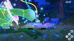 A picture of an Eevee and a large vibrantly-glowing Meganium, one of the game's Illumina Pokémon, smelling a crystabloom