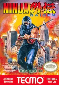 The logo of Ninja Gaiden is on the top of the screen. In the middle of the image is a depiction of a ninja in blue with a knife in his left hand and a bo and katana stored on his back. The ninja is portrayed in a background of a burning city. Below the ninja is green text saying in caps "BIGGEST ARCADE HIT!", and to the left and right of that text are Nintendo's license notice and Seal of Quality respectively. In the bottom of the image, in red with white lettering, is the TE©MO logo, with text to the left of the logo saying "A Strategic Encounter" and with text to the right of the logo saying "The Fight of Your Life".