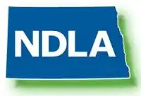 image of the state of North Dakota in blue with a green shadow and the letters NDLA over the top of it
