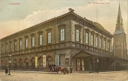 coloured postcard of the exterior of a Victorian concert hall